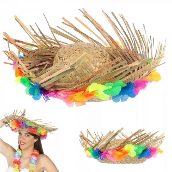 VipMarketim Naturel Renk Püsküllü Örme Hasır Hawaii Luau Aloha Şapka 13x36 cm