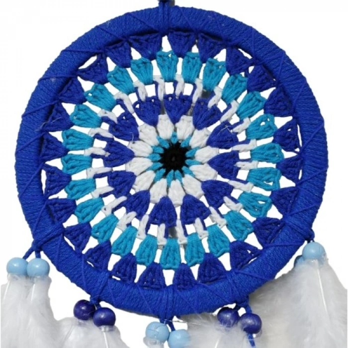 VipMarketim Nazar Boncuğu Desenli Bol Kuş Tüylü Lacivert Dream Catcher El Yapımı Duvar Dekoru