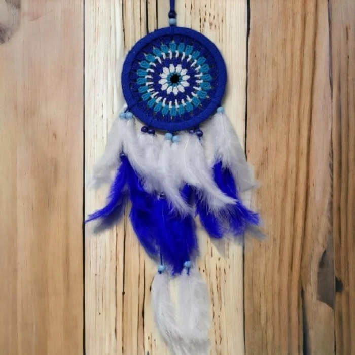VipMarketim Nazar Boncuğu Desenli Bol Kuş Tüylü Lacivert Dream Catcher El Yapımı Duvar Dekoru