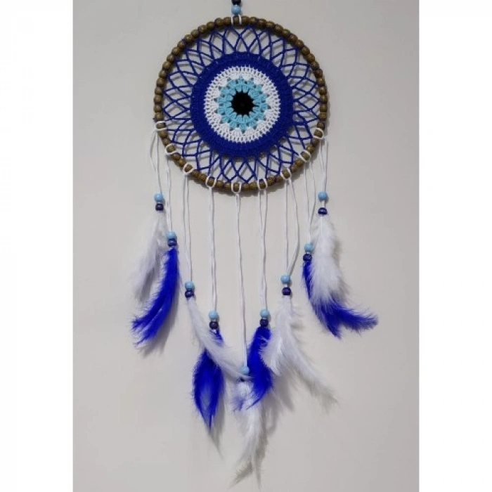 VipMarketim Nazar Boncuğu Desenli Kuş Tüylü El Yapımı Düş Kapanı Duvar Süsü