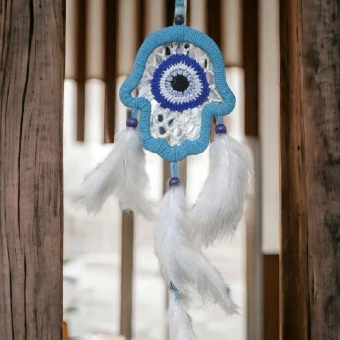 VipMarketim Nazar Boncuğu Motifli Turkuaz Fatma Ana Eli Duvar Süsü El İşçiliği Duvar Dekoru