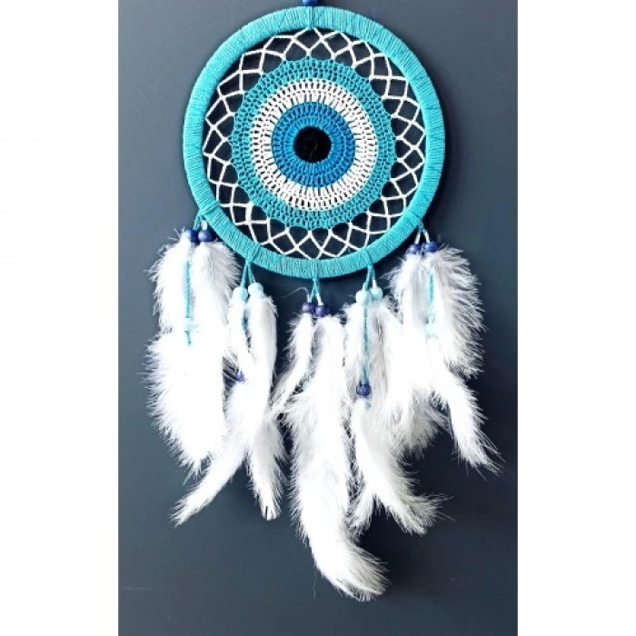 VipMarketim Nazar Boncuğu Motifli Turkuaz Rengi Dream Catcher Beyaz Kuş Tüylü Düş Kapanı Duvar Süsü