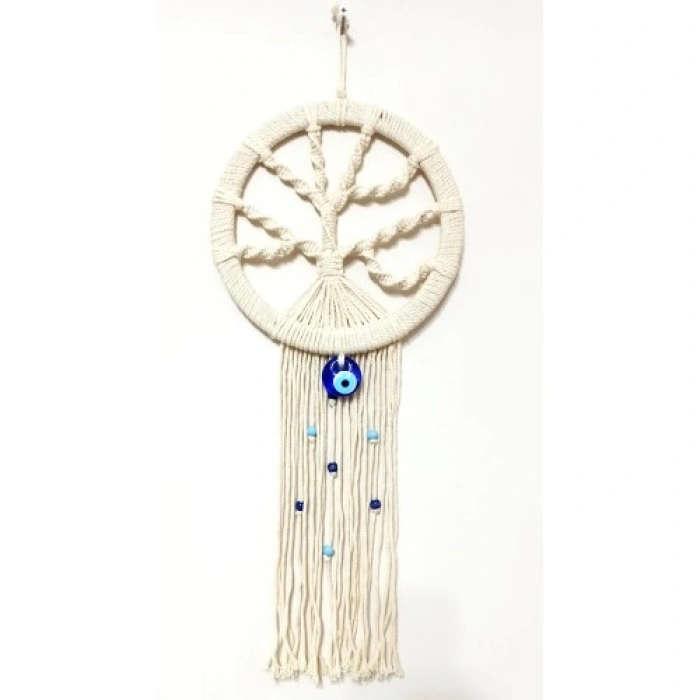 VipMarketim Nazar Boncuklu Ekru Renk Makrome Hayat Ağacı Duvar Süsü