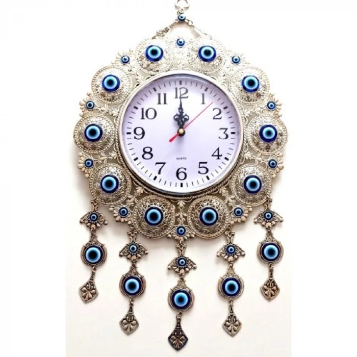 VipMarketim Nazar Boncuklu Gümüş Kaplama Solmaz Kararmaz Duvar Saati