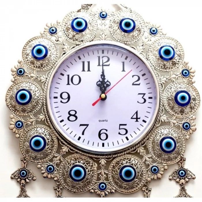 VipMarketim Nazar Boncuklu Gümüş Kaplama Solmaz Kararmaz Duvar Saati