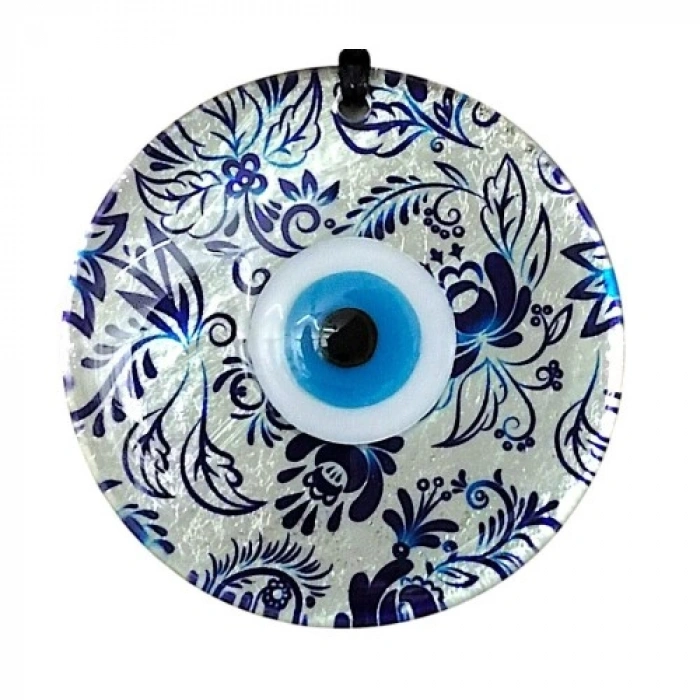 VipMarketim Nazar Boncuklu Yaprak Desenli Gümüş Rengi Füzyon Cam El Yapımı 12 Cm Duvar Süsü Nazarlık Hediyelik Eşya