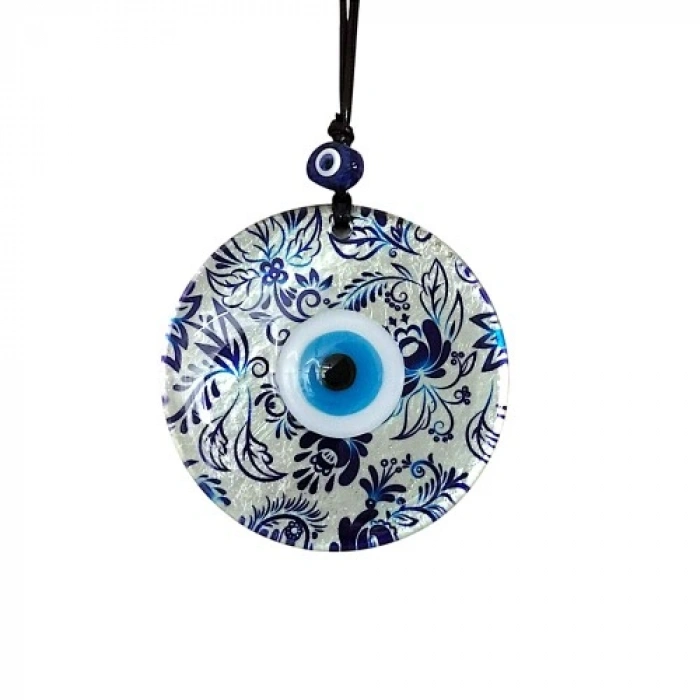 VipMarketim Nazar Boncuklu Yaprak Desenli Gümüş Rengi Füzyon Cam El Yapımı 12 Cm Duvar Süsü Nazarlık Hediyelik Eşya