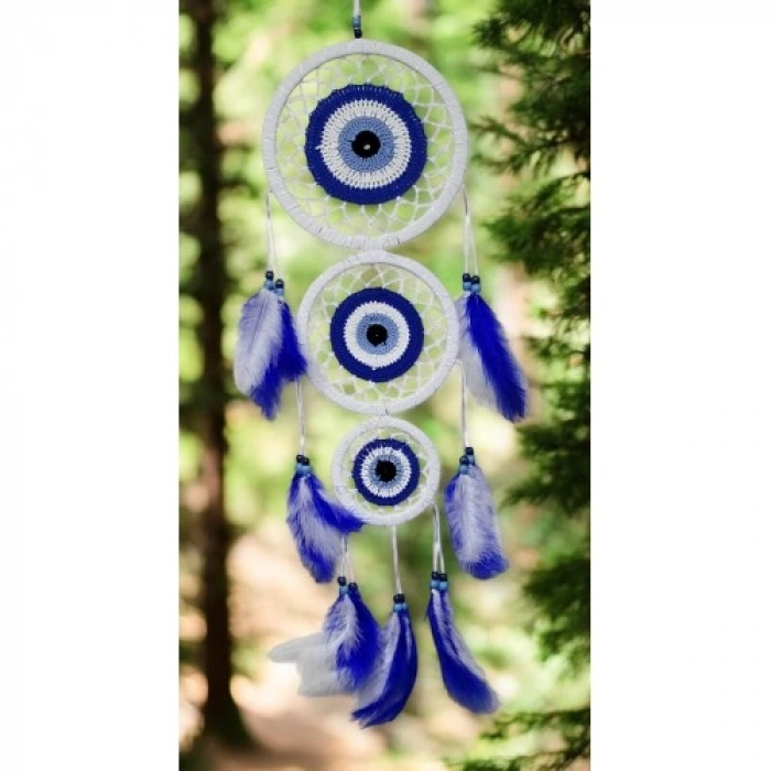 VipMarketim Nazar Motifli Üç Çemberli Kuş Tüylü Beyaz Duvar Süsü