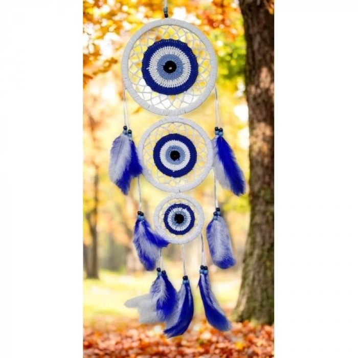 VipMarketim Nazar Motifli Üç Çemberli Kuş Tüylü Beyaz Duvar Süsü