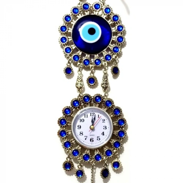 VipMarketim Nikel Zamak Kaplamalı Nazar Boncuklu Gümüş Rengi Mini Duvar Saati