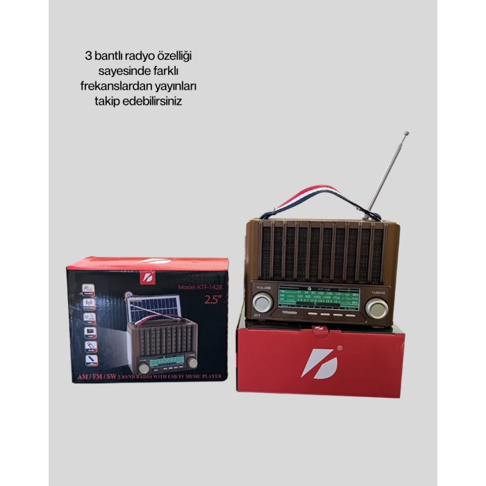 VipMarketim Nostaljik Tasarımlı Solar Şarjlı Radyo AM FM SW ve Bluetooth