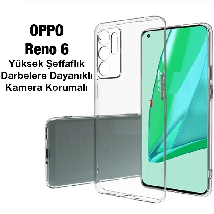 VipMarketim OPPO Reno 6 Kılıf Kamera Korumalı Ultra İnce Şeffaf Silikon Kılıf-(5775)