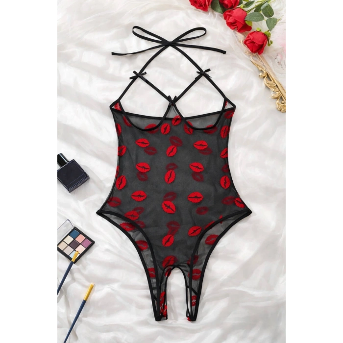 VipMarketim Öpücük Desenli Transparan Siyah Fantazi İç Giyim TM1385