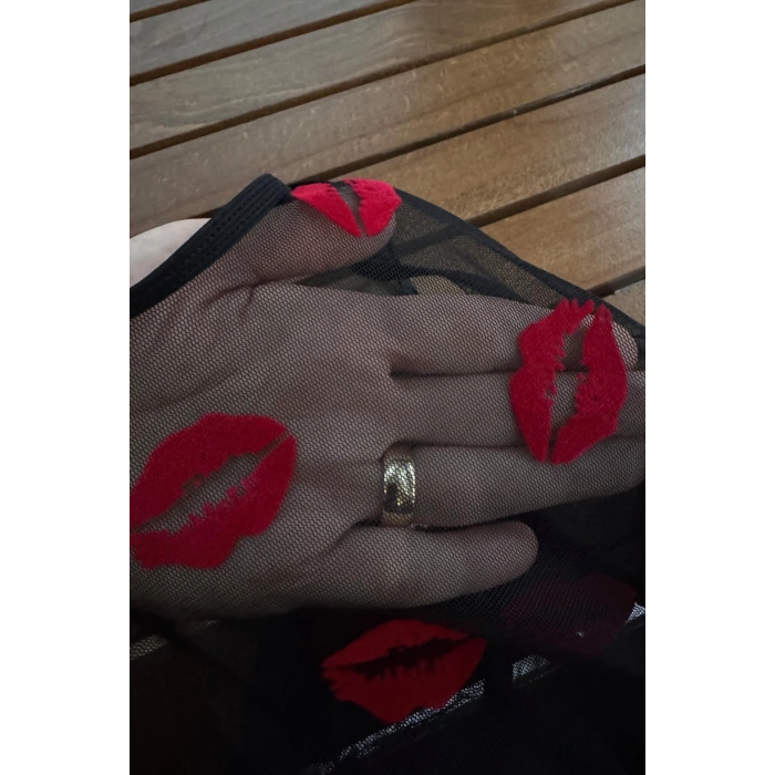 VipMarketim Öpücük Desenli Transparan Siyah Fantazi İç Giyim TM1385