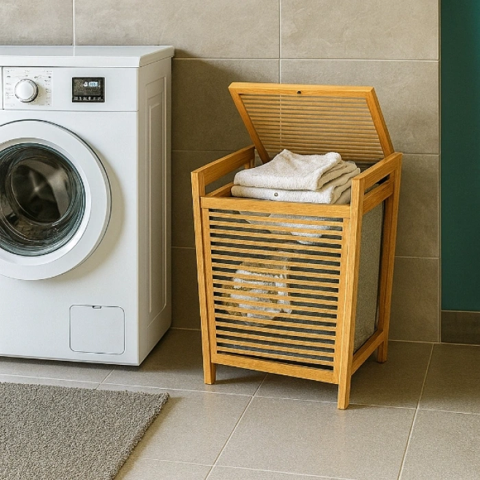 VipMarketim Orta Boy Ahşap Bambu Kirli Sepeti 40x35x60