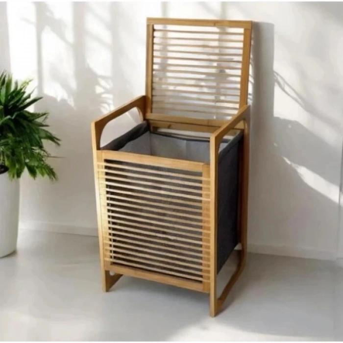 VipMarketim Orta Boy Ahşap Bambu Kirli Sepeti 40x35x60