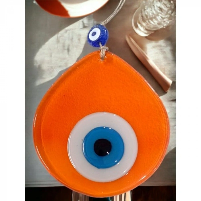 VipMarketim Orta Boy Şeffaf Turuncu Damla Desen Nazar Boncuklu Duvar Dekoru Cam Duvar Süsü