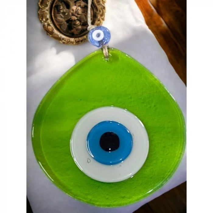 VipMarketim Orta Boy Şeffaf Yeşil Damla Desen Nazar Boncuklu Duvar Dekoru Cam Duvar Süsü