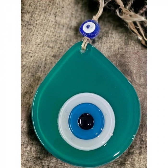 VipMarketim Orta Boy Yeşil Damla Desen Nazar Boncuklu Duvar Dekoru Cam Duvar Süsü