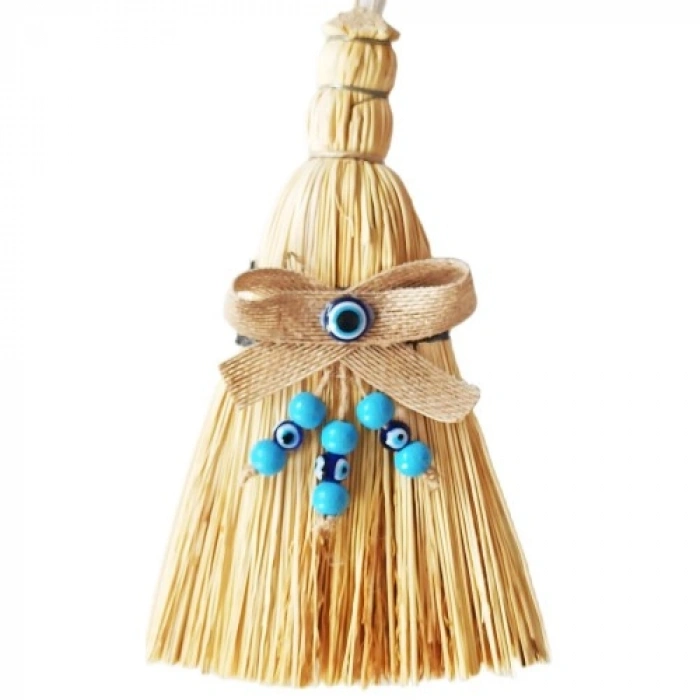 VipMarketim Otantik Ahşap Boncuklu Mini Süpürge Nazar Boncuklu Duvar Süsü