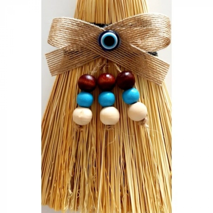 VipMarketim Otantik Ahşap Boncuklu Nazarlıklı Otantik Mini Süpürge Duvar Süsü