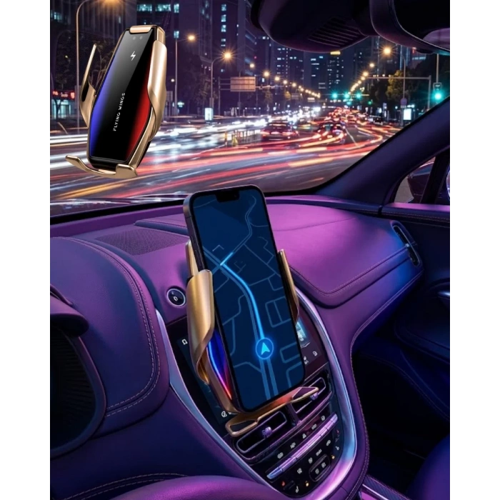 VipMarketim Otomatik Sensörlü Araç Telefon Tutucu Kablosuz Şarj Özellikli 360 Derece Döner