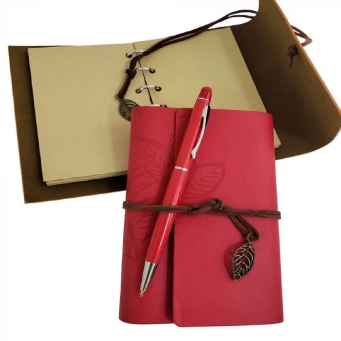 VipMarketim Özel Ahşap Kutulu Kırmızı Deri Defter ve Kalem Set
