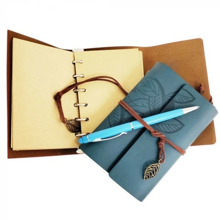 VipMarketim Özel Ahşap Kutulu Mavi Deri Defter ve Kalem Set