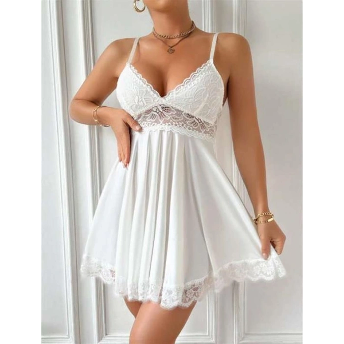 VipMarketim  Özel Şık Tasarım Beyaz Dantel İşlemeli Tül Fantezi Gecelik