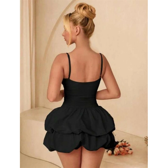 VipMarketim  Özel Şık Tasarım Fırfır Detay İnce Askılı Siyah Mini Club Elbisesi