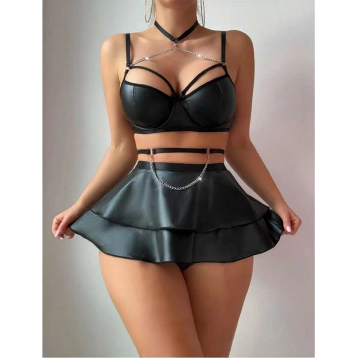 VipMarketim Özel Şık Tasarım Siyah Etekli Pileli Zincir Detay Fantezi Deri Elbise