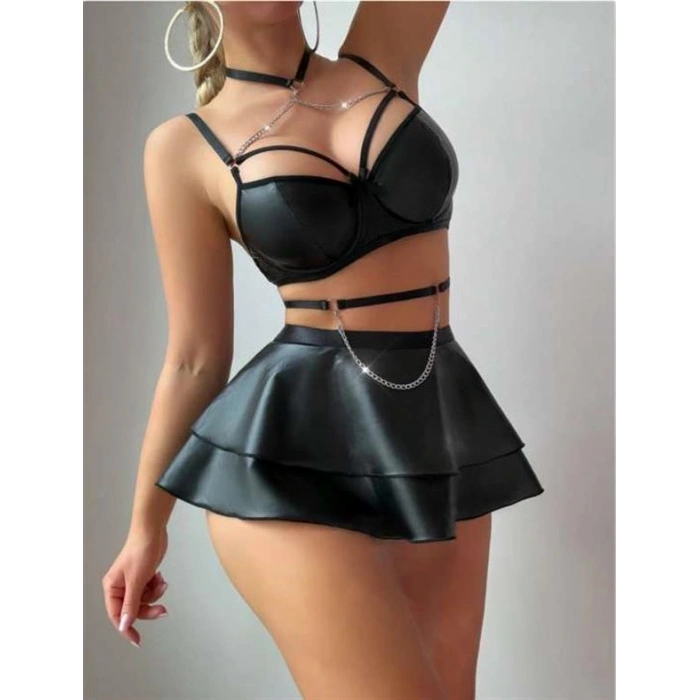 VipMarketim Özel Şık Tasarım Siyah Etekli Pileli Zincir Detay Fantezi Deri Elbise