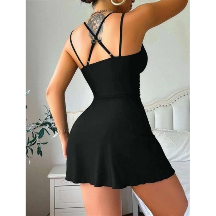 VipMarketim Özel Şık Tasarım Siyah Göğüs Dekolteli Yandan Bağlamalı Mini Club Elbisesi