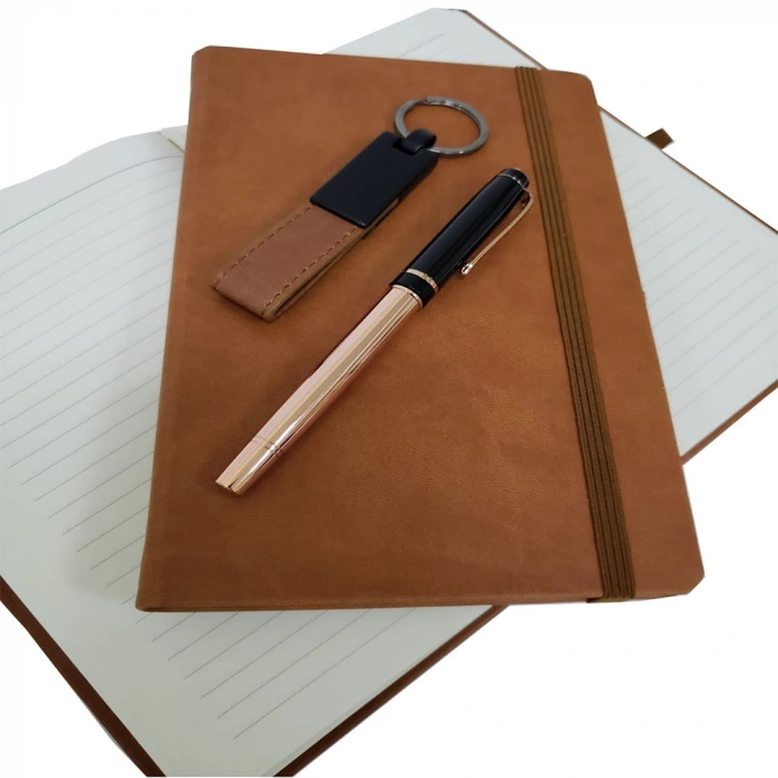 VipMarketim Özel Taba Rengi Vip Kalem Defter Ve Anahtarlık Seti