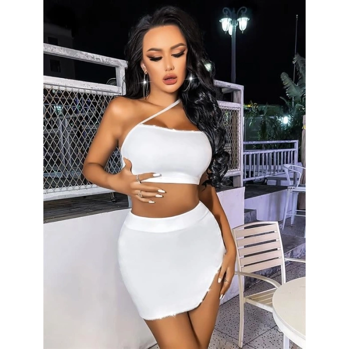 VipMarketim Özel Tasarım Beyaz Etekli Fantezi Mini Club Elbisesi