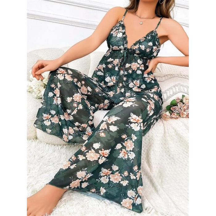 VipMarketim Özel Tasarım Büyük Beden Çiçek Desenli Bol Kesim 2Li Pijama Takımı