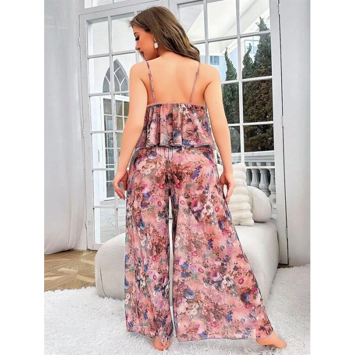 VipMarketim Özel Tasarım Büyük Beden Çiçek Desenli Bol Kesim 2Li Pijama Takımı