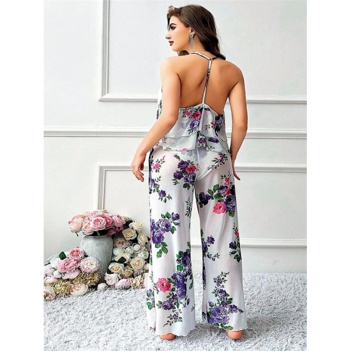 VipMarketim  Özel Tasarım Büyük Beden Çiçek Desenli Fırfırlı 2li Pijama Takımı