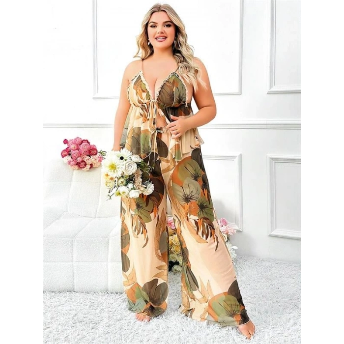 VipMarketim Özel Tasarım Büyük Beden Çiçek Desenli İnce Askılı 2Li Pijama Takımı