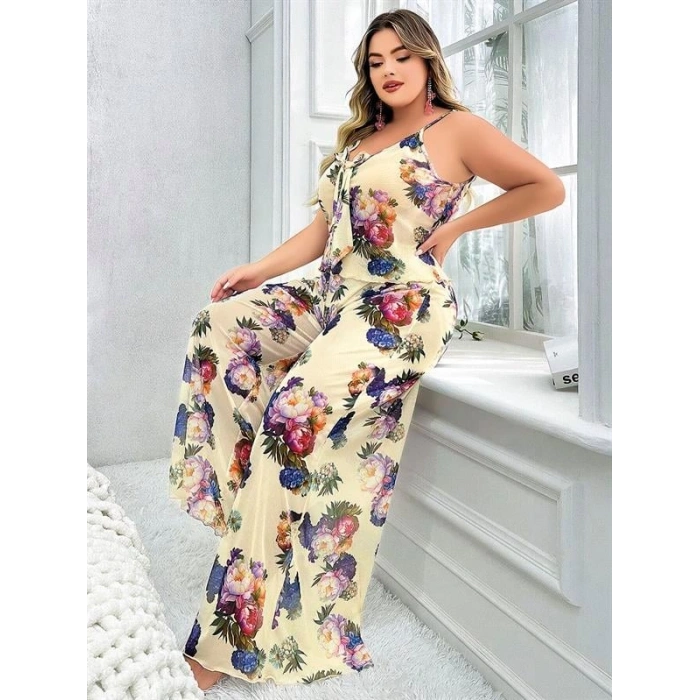 VipMarketim Özel Tasarım Büyük Beden Çiçek Desenli İnce Askılı 2Li Pijama Takımı