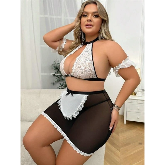 VipMarketim  Özel Tasarım Büyük Beden Dantelli Fantezi Hizmetçi Kostümü