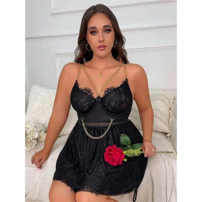 VipMarketim Özel Tasarım Büyük Beden Fantezi Zincir Detaylı Dantelli Gecelik