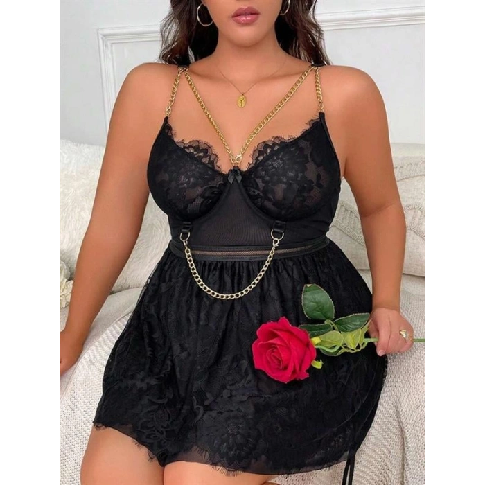 VipMarketim Özel Tasarım Büyük Beden Fantezi Zincir Detaylı Dantelli Gecelik