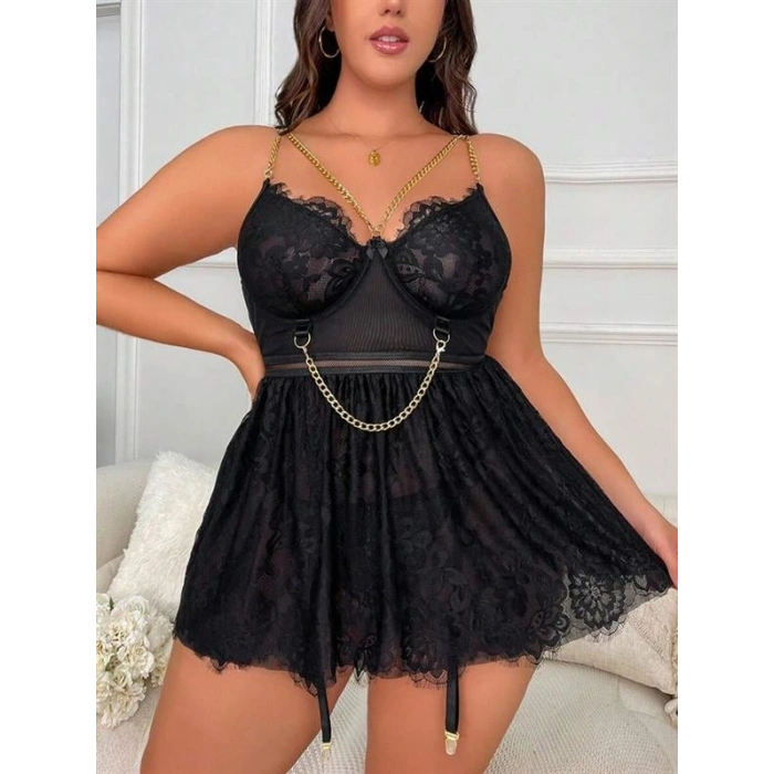 VipMarketim  Özel Tasarım Büyük Beden Fantezi Zincir Detaylı Dantelli Gecelik