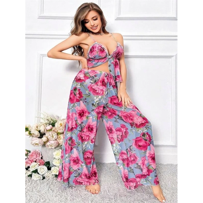 VipMarketim  Özel Tasarım Büyük Beden Kırmızı Çiçek Desenli Bol Kesim 2li Pijama Takımı