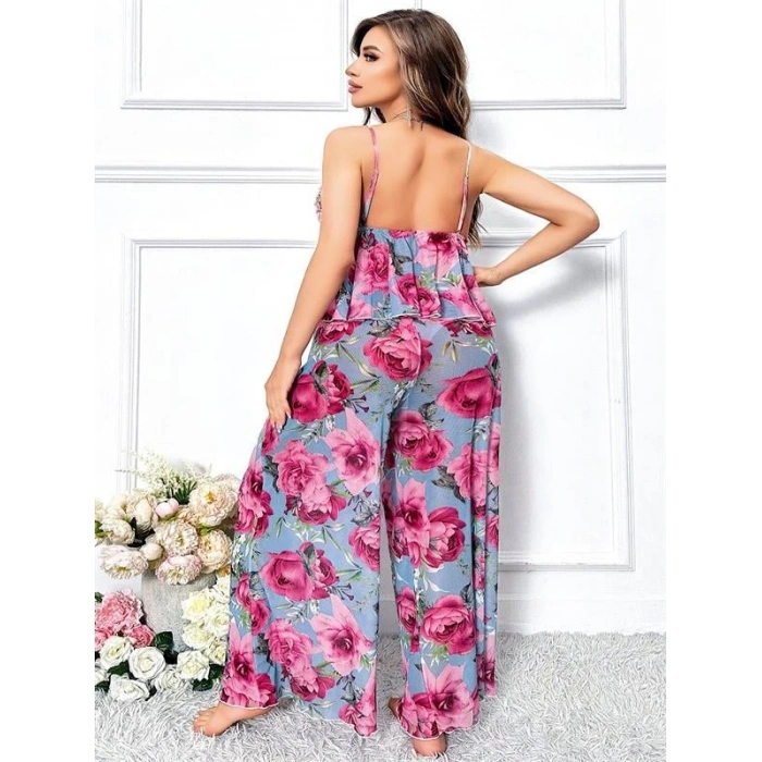 VipMarketim Özel Tasarım Büyük Beden Kırmızı Çiçek Desenli Bol Kesim 2Li Pijama Takımı