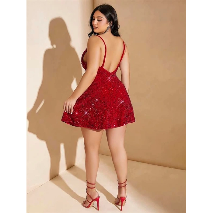 VipMarketim Özel Tasarım Büyük Beden Kırmızı Payetli Parlak Işıltılı Göğüs Dekolteli Kırmızı Mini Club Elbisesi