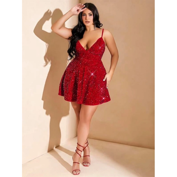 VipMarketim Özel Tasarım Büyük Beden Kırmızı Payetli Parlak Işıltılı Göğüs Dekolteli Kırmızı Mini Club Elbisesi