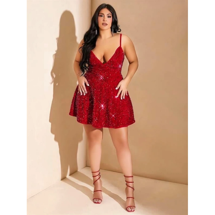 VipMarketim Özel Tasarım Büyük Beden Kırmızı Payetli Parlak Işıltılı Göğüs Dekolteli Kırmızı Mini Club Elbisesi