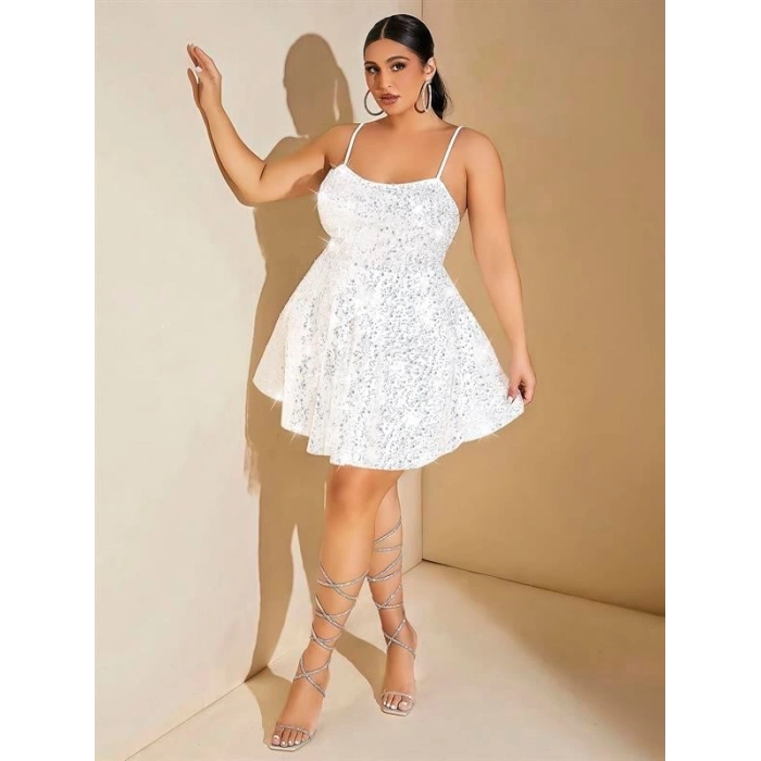 VipMarketim Özel Tasarım Büyük Beden Payetli Parlak Işıltılı Beyaz Mini Club Elbisesi